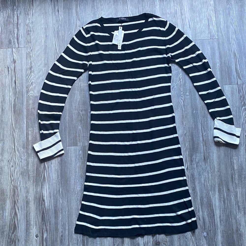 CAARA Black and Cream Striped L/S Dress Women’s Size M NWT Preppy Casual Warm